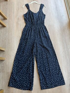 LOFT Navy Polka Dot Wide Leg Jumpsuit Smocked Tie Back Size 00